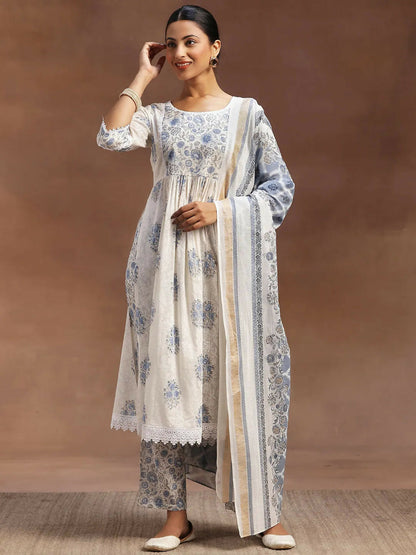 Women's LB White Printed Cotton A-line Kurta With Trousers & Dupatta