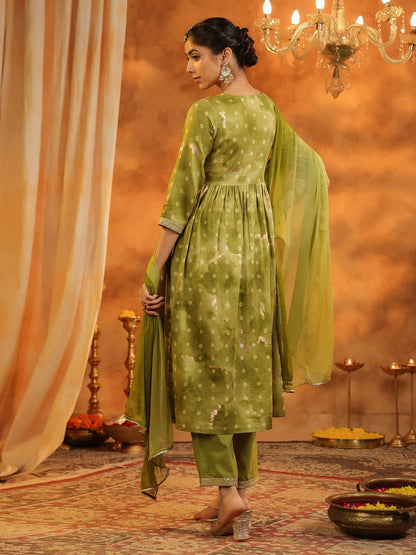 Dhiyona RR Women's Bandhani Printed Pure Cotton Anarkali Kurta with Trousers & Dupatta