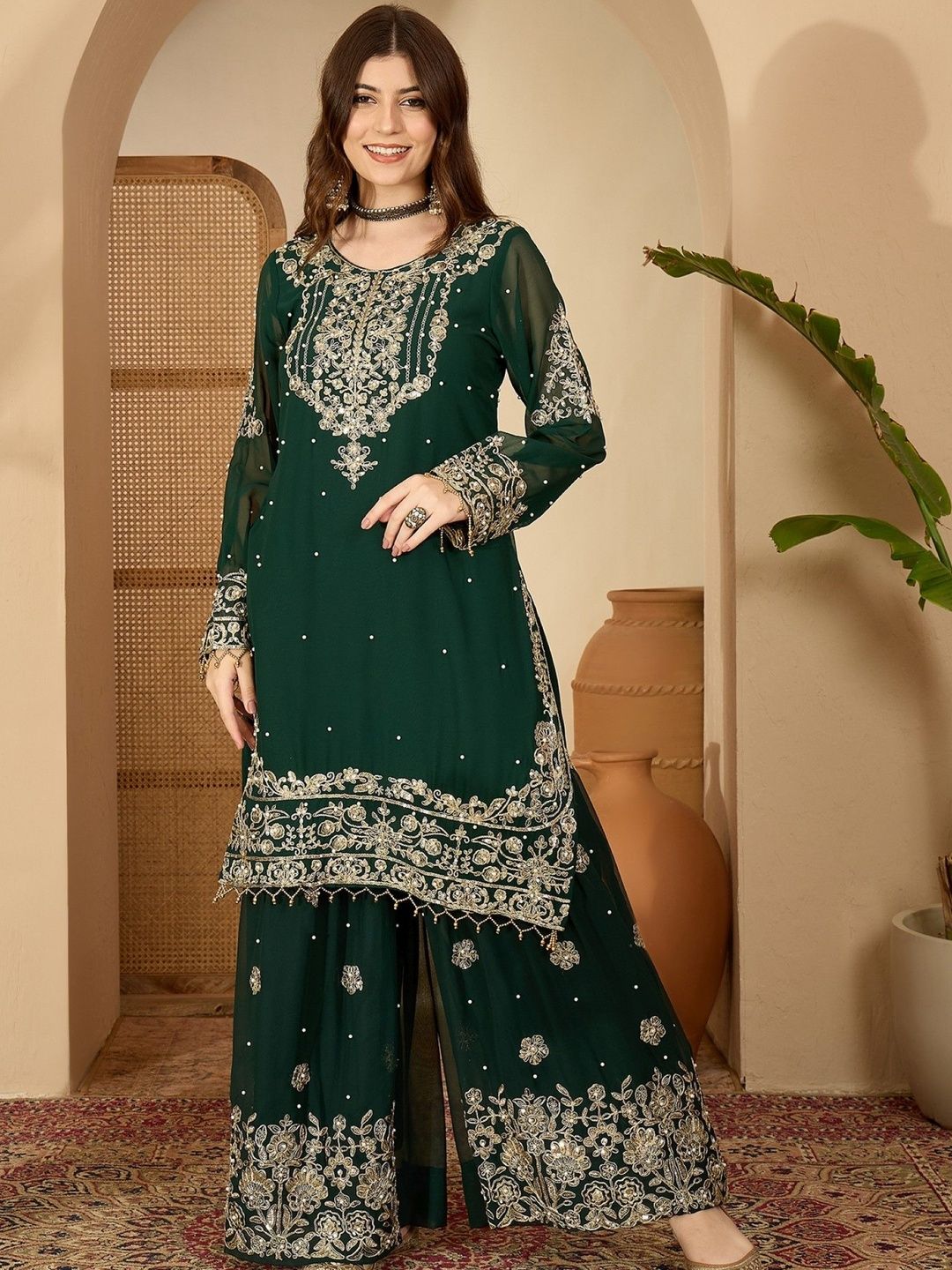 Dhiyona SN Women Floral Embroidered Thread Work Georgette Kurta With Sharara & Dupatta