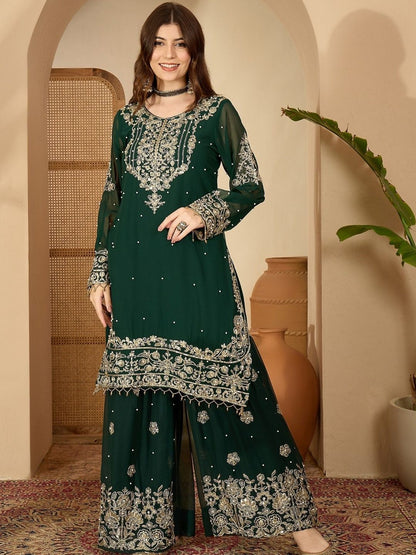 Dhiyona SN Women Floral Embroidered Thread Work Georgette Kurta With Sharara & Dupatta