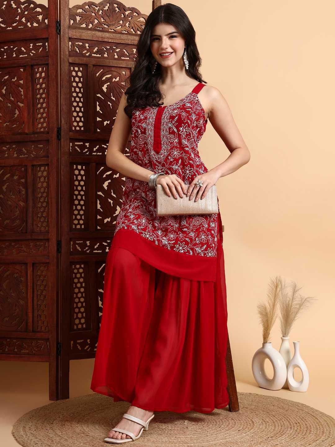 Dhiyona HOP Embroidered Chikankari Georgette Straight Kurti & Sharara With Dupatta