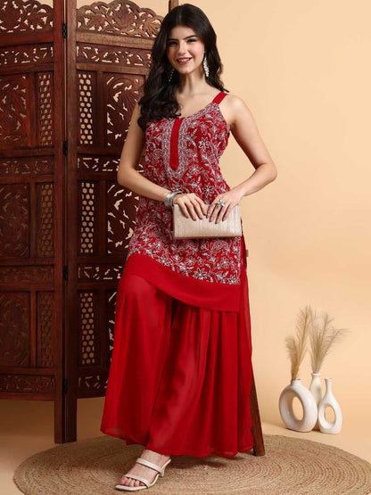 Dhiyona HOP Embroidered Chikankari Georgette Straight Kurti & Sharara With Dupatta