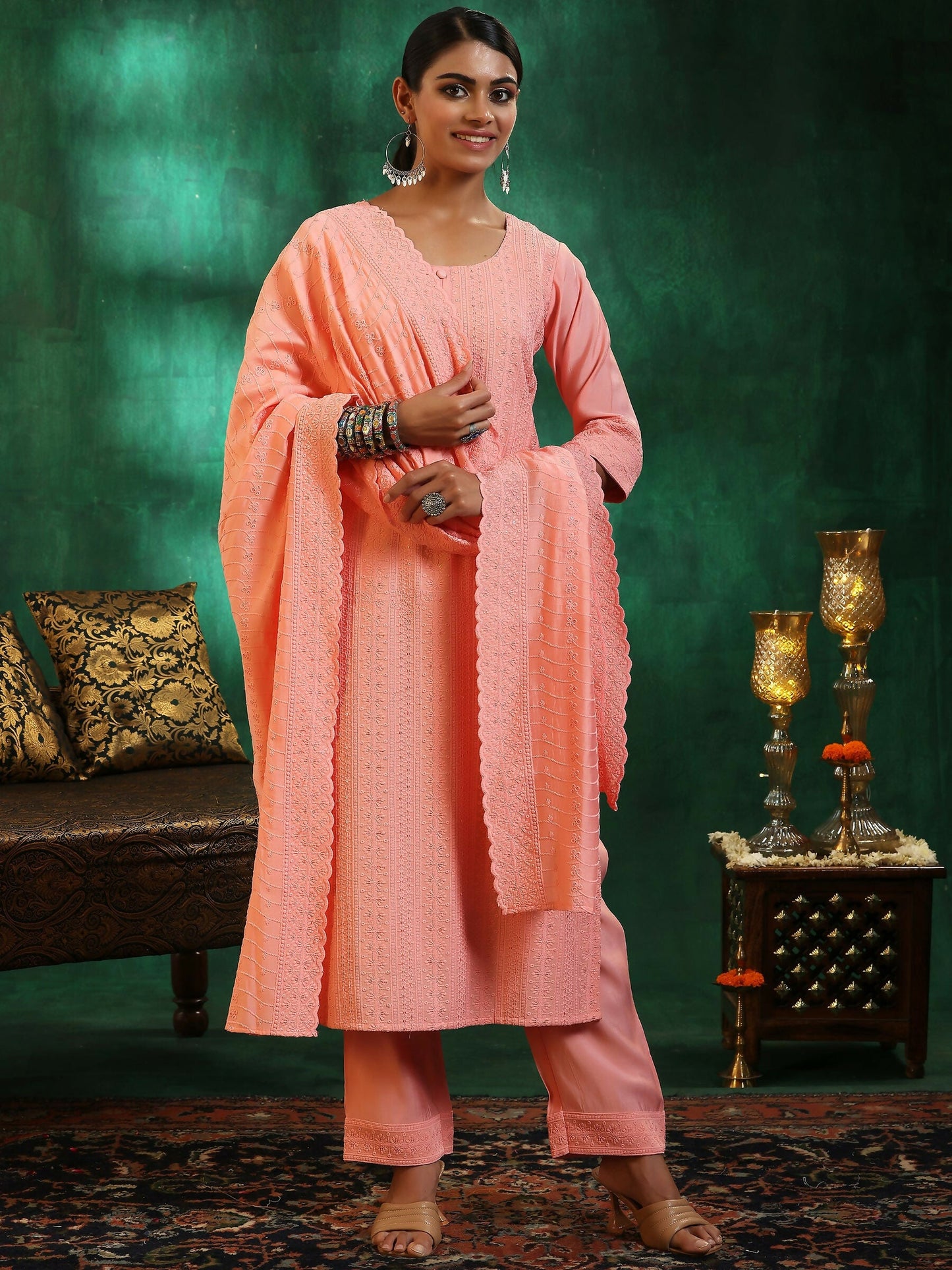 Women's LB Peach Embroidered Silk Blend Straight Suit With Dupatta