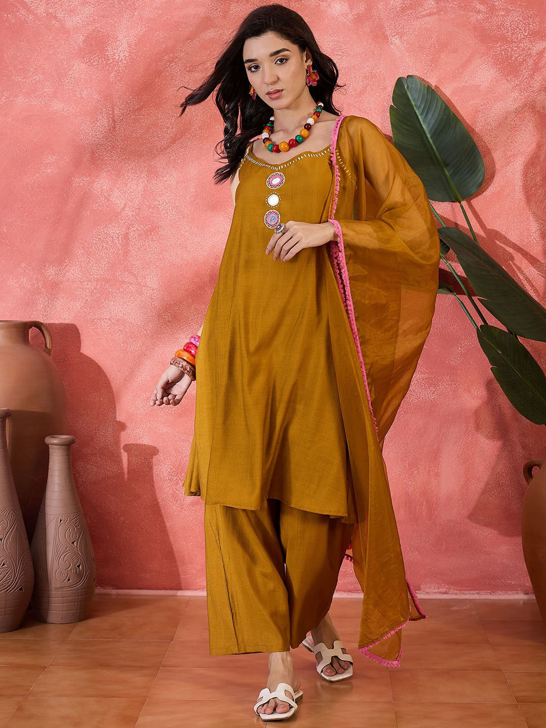 Embroidered Shoulder Straps Kurta With Trouser & Dupatta
