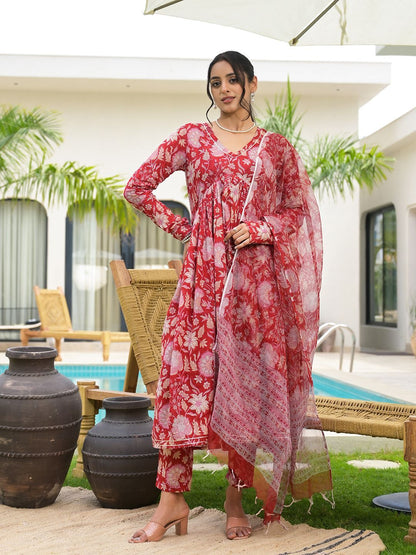 Dhiyona KL Women Floral Printed Gotta Patti V-Neck Empire Kurta with Trouser And Dupatta
