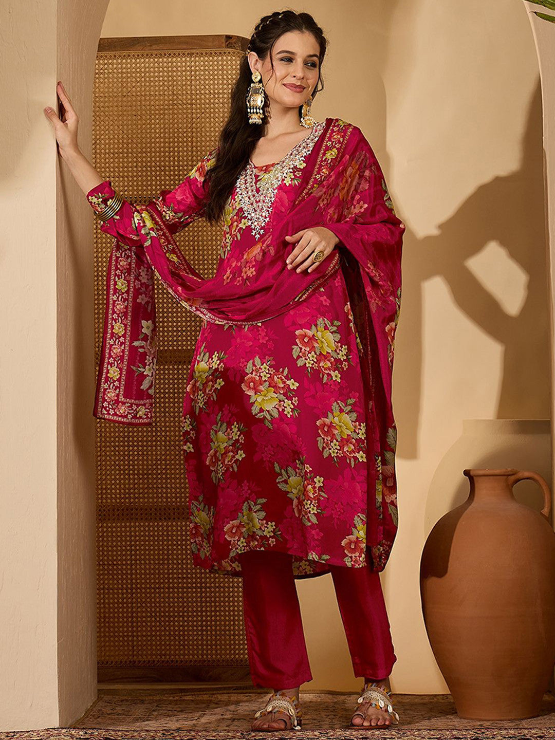 Women Floral Printed Silk Kurta with Trousers & Dupatta