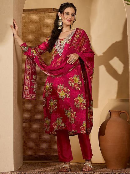 Women Floral Printed Silk Kurta with Trousers & Dupatta