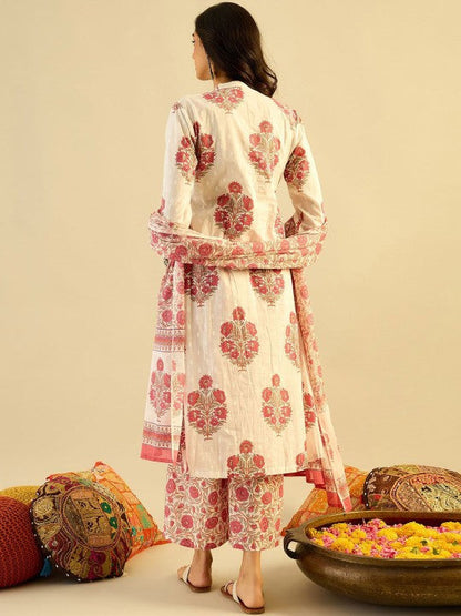 Women's Ethnic Motifs Embroidered Anarkali Pure Cotton Kurta with Palazzos & With Dupatta