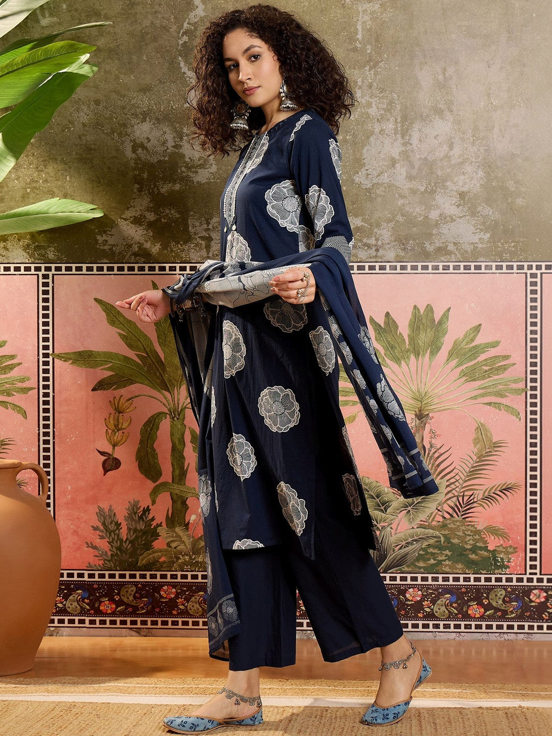 Floral Printed Cotton Round Neck Kurta & Trousers With Dupatta