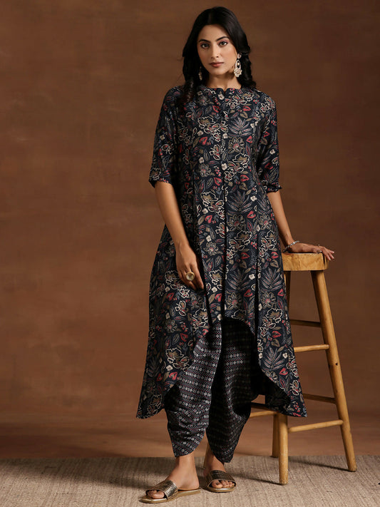 Women's LB Blue Printed Silk Blend A-line Kurta With Salwar