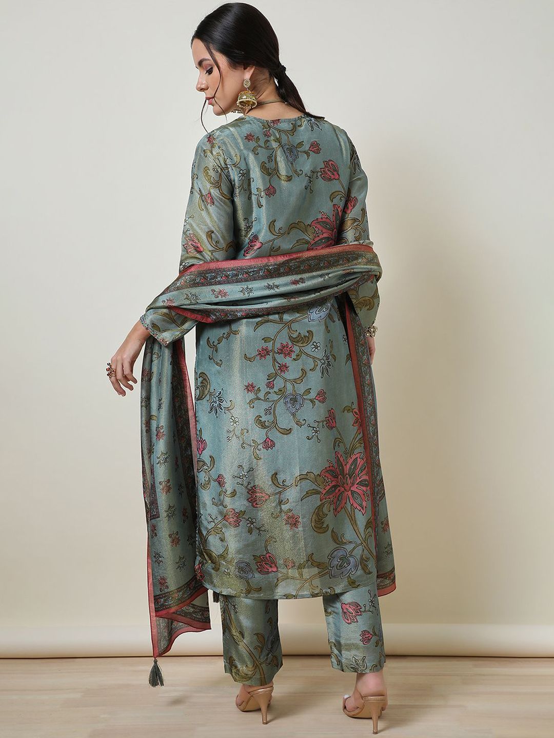 Dhiyona SO Women's Women Ethnic Motifs Embroidered Regular Thread Work Kurta with Trousers & With Dupatta