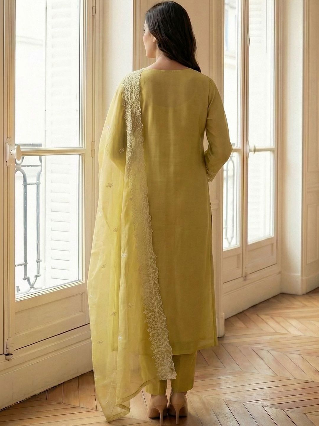 Dhiyona IE Women Ethnic Motifs Embroidered Regular Thread Work Kurta with Palazzos & With Dupatta