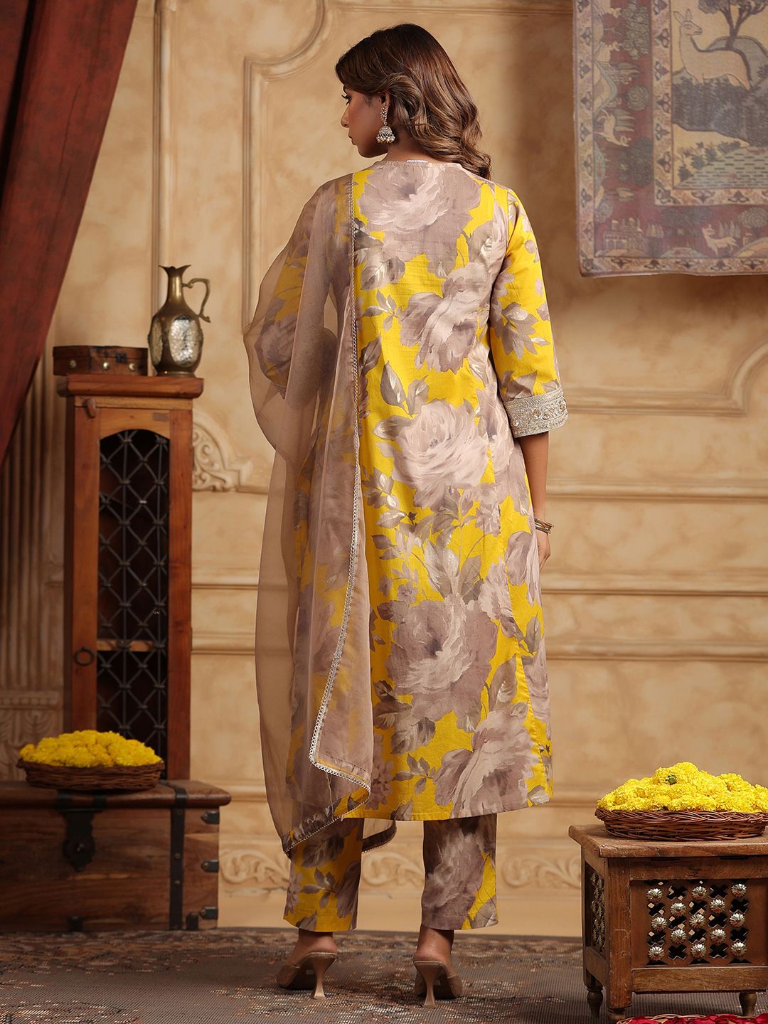 Dhiyona RR Women's Floral Printed Sequinned Pure Cotton Anarkali Kurta with Trousers & Dupatta