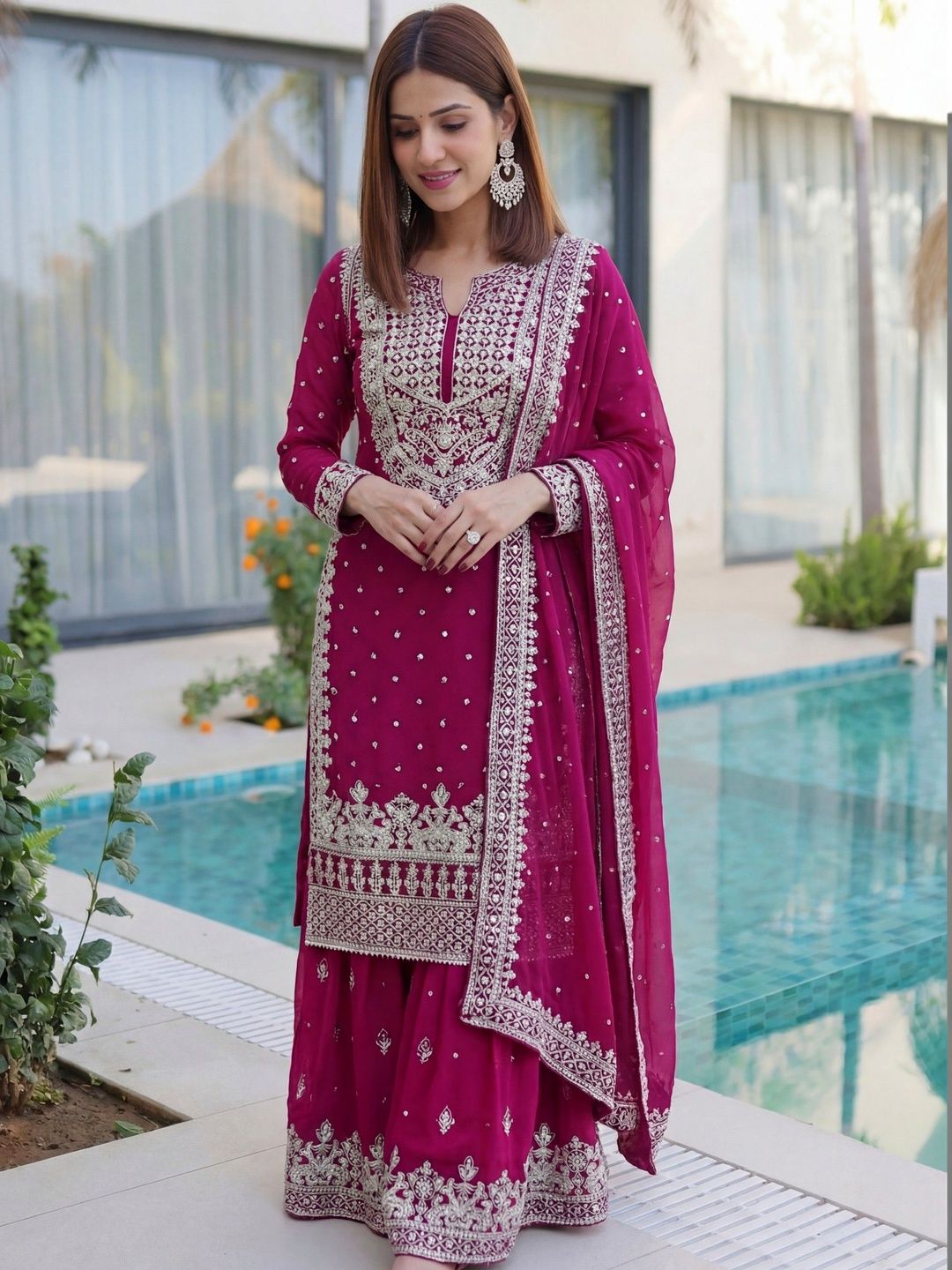 Dhiyona SN Embroidered Round Neck Straight Kurta & Sharara With Dupatta