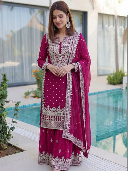 Dhiyona SN Embroidered Round Neck Straight Kurta & Sharara With Dupatta