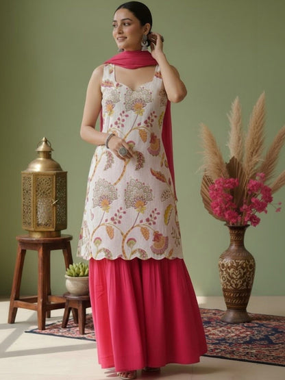 Printed Pure Cotton Sweetheart Neck Kurta & Sharara With Dupatta