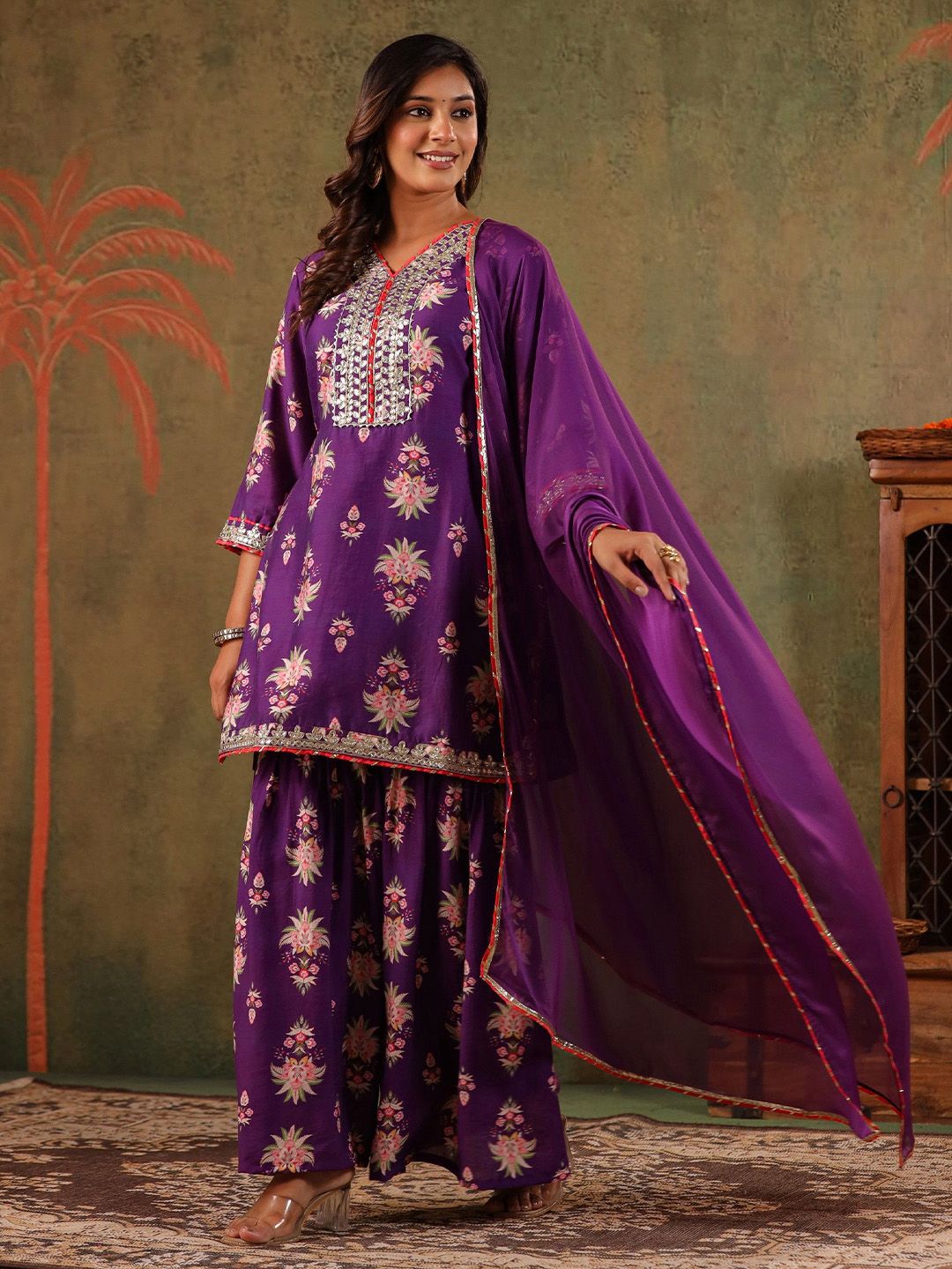 Dhiyona SC Women Embroidered Thread Work Chanderi Silk Kurta with Sharara & Dupatta