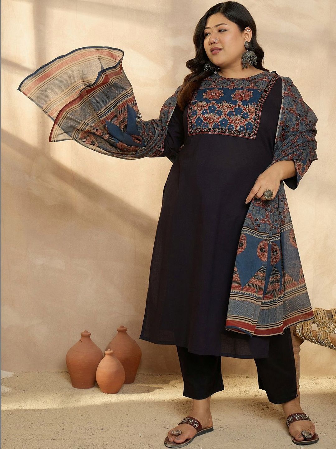 Dhiyona Women's Ethnic Motifs Embroidered Regular Beads and Stones Kurta with Trousers & With Dupatta