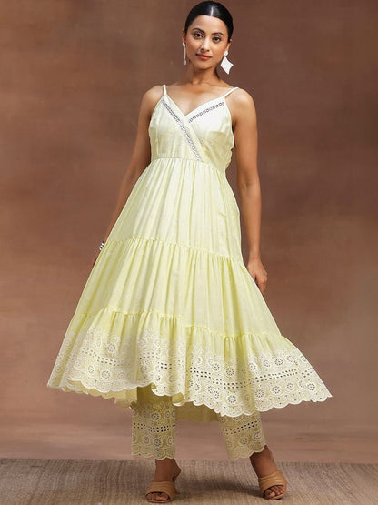 Women Ethnic Motifs Embroidered Tiered Chikankari Kurta with Trousers