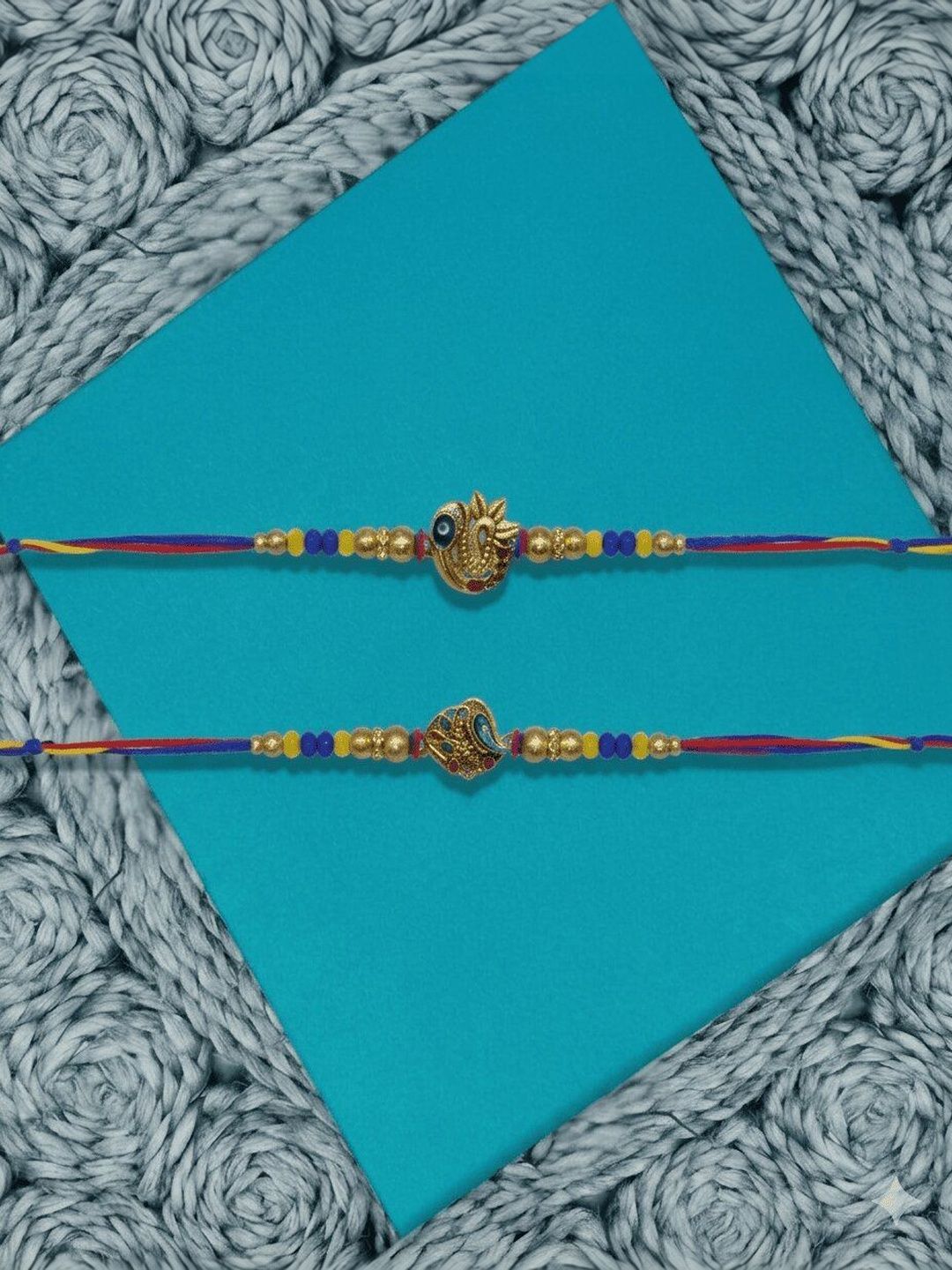 Dhiyona Set Of 2 Peacock Design Thread Rakhi With Roli Chawal Chandan Mishri