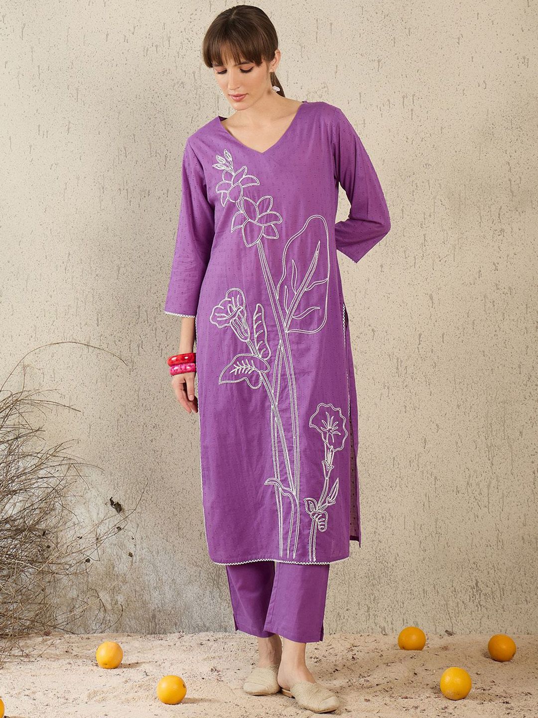 Dhiyona IE Women Embroidered V-Neck Cotton Top and Trousers Co-Ords