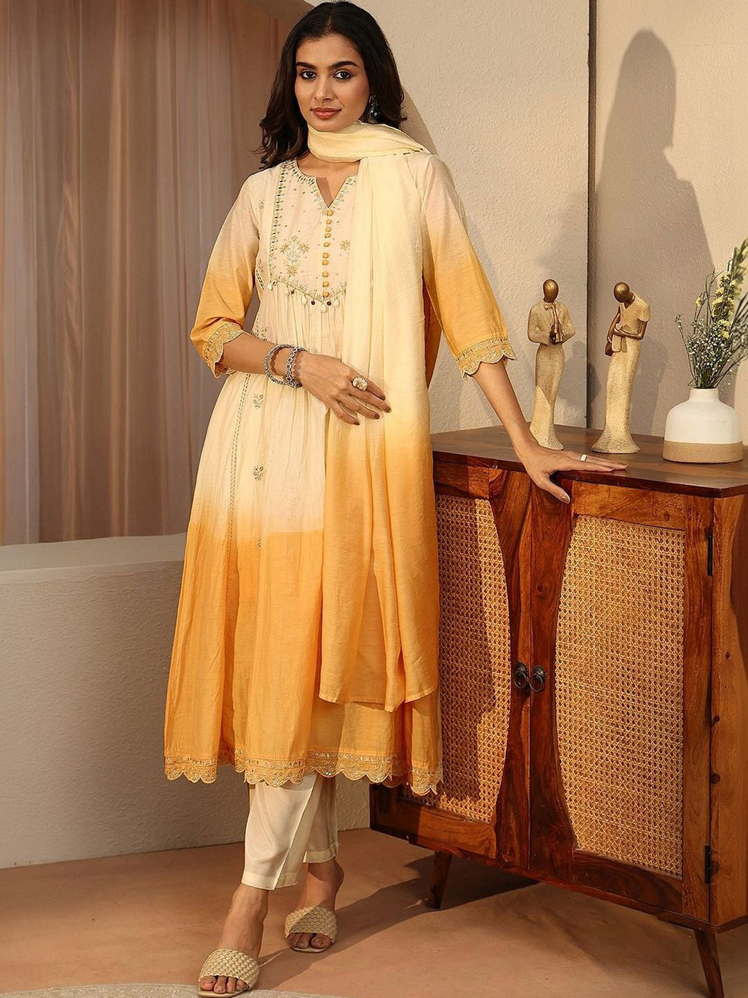 White Floral Embroidered Silk Blend A-line Suit Set