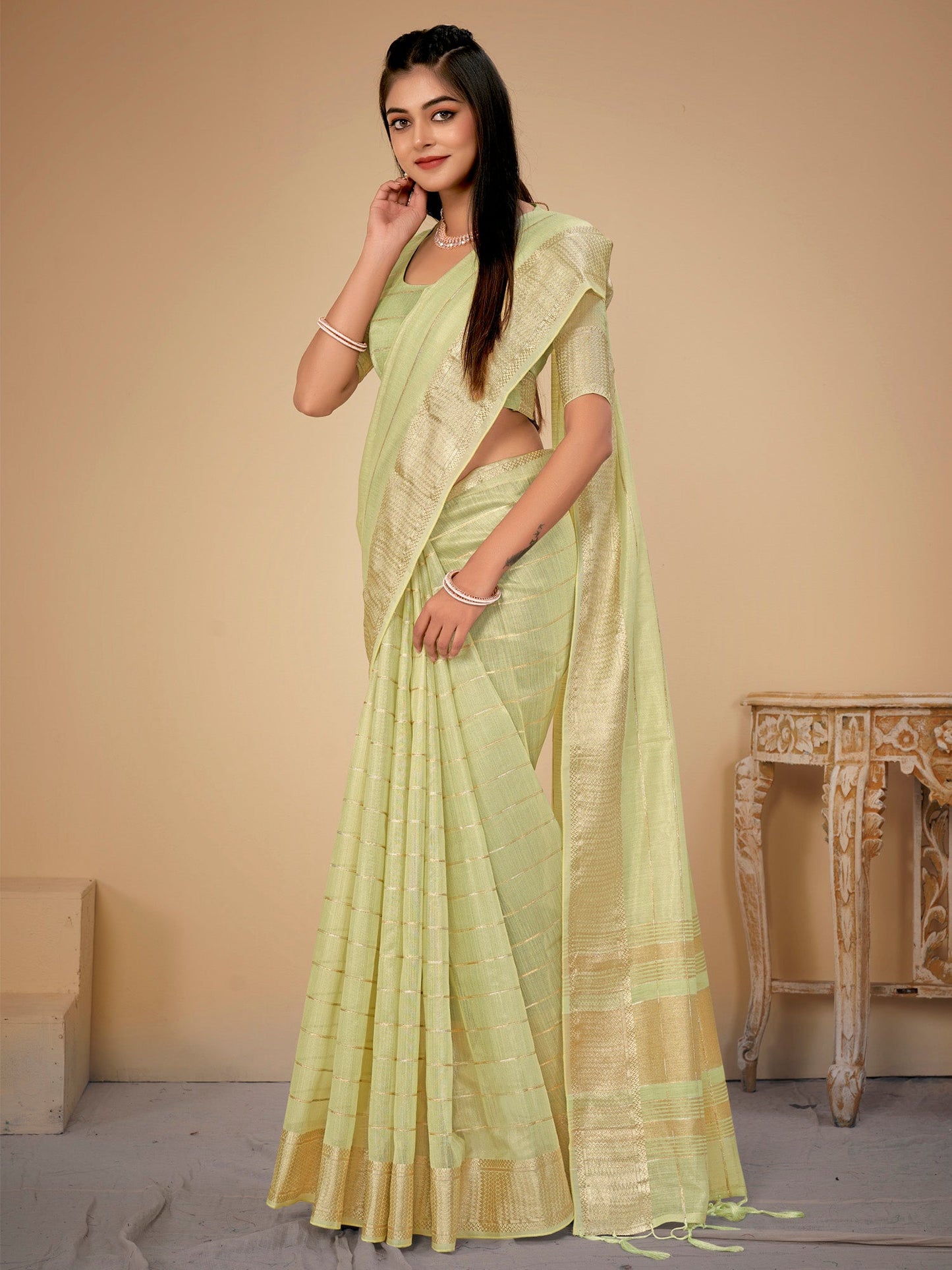 Women's Cotton Silk Light Green Woven Design Designer Saree With Blouse Piece