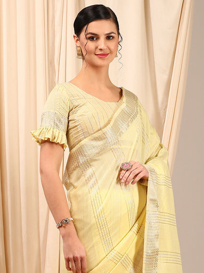 Women's Linen Yellow Woven Design Designer Saree With Blouse Piece