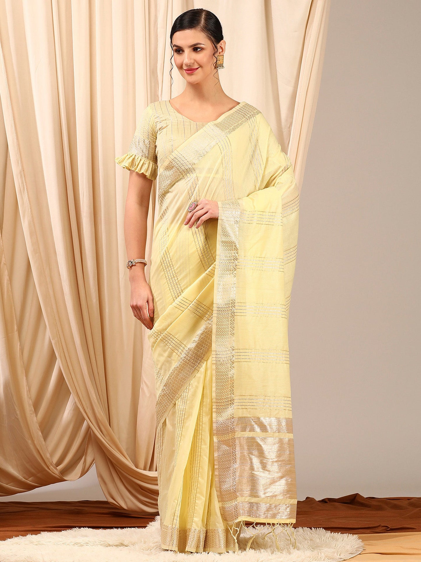Women's Linen Yellow Woven Design Designer Saree With Blouse Piece