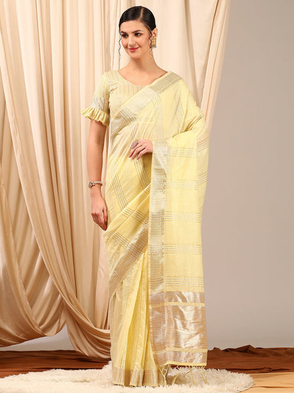 Women's Linen Yellow Woven Design Designer Saree With Blouse Piece