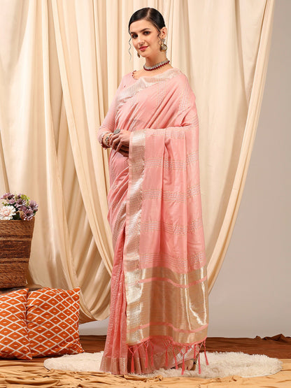 Women's Linen Pink Woven Design Designer Saree With Blouse Piece