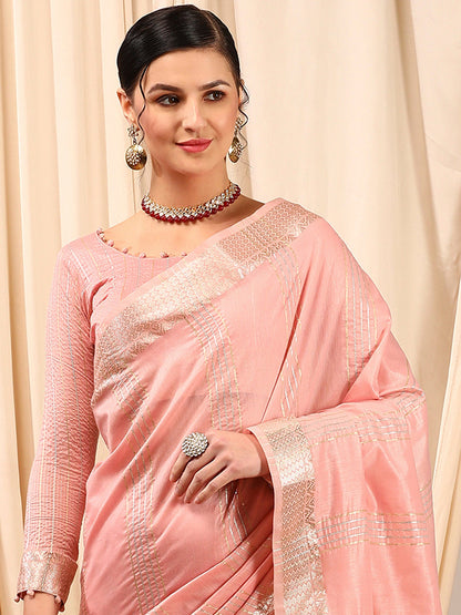 Women's Linen Pink Woven Design Designer Saree With Blouse Piece