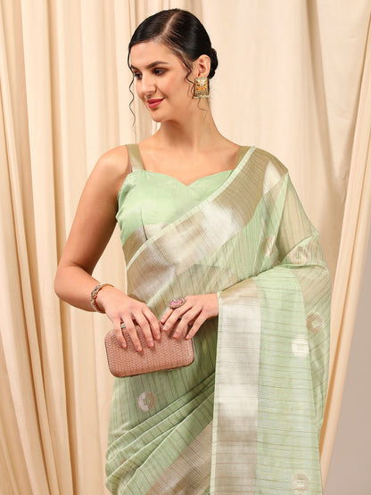 Women's Linen Light Green Woven Design Designer Saree With Blouse Piece