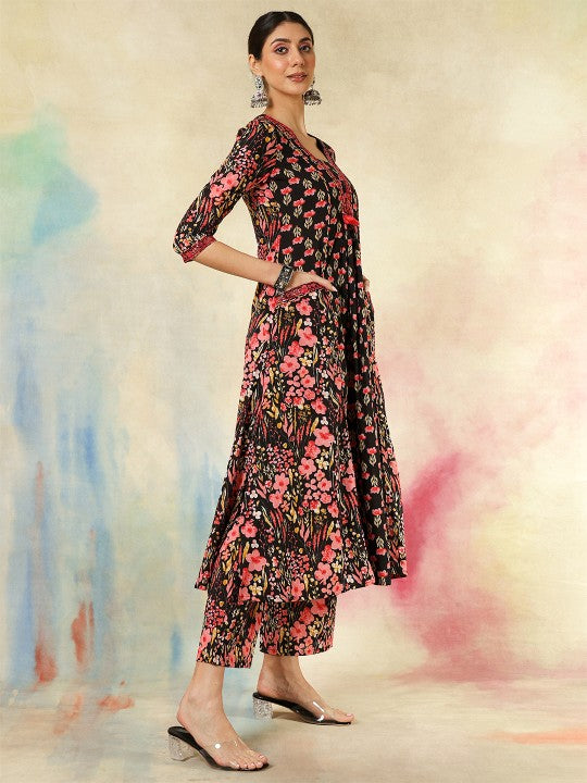 Women's Women Floral Printed Regular Pure Cotton Kurta with Trousers & With Dupatta