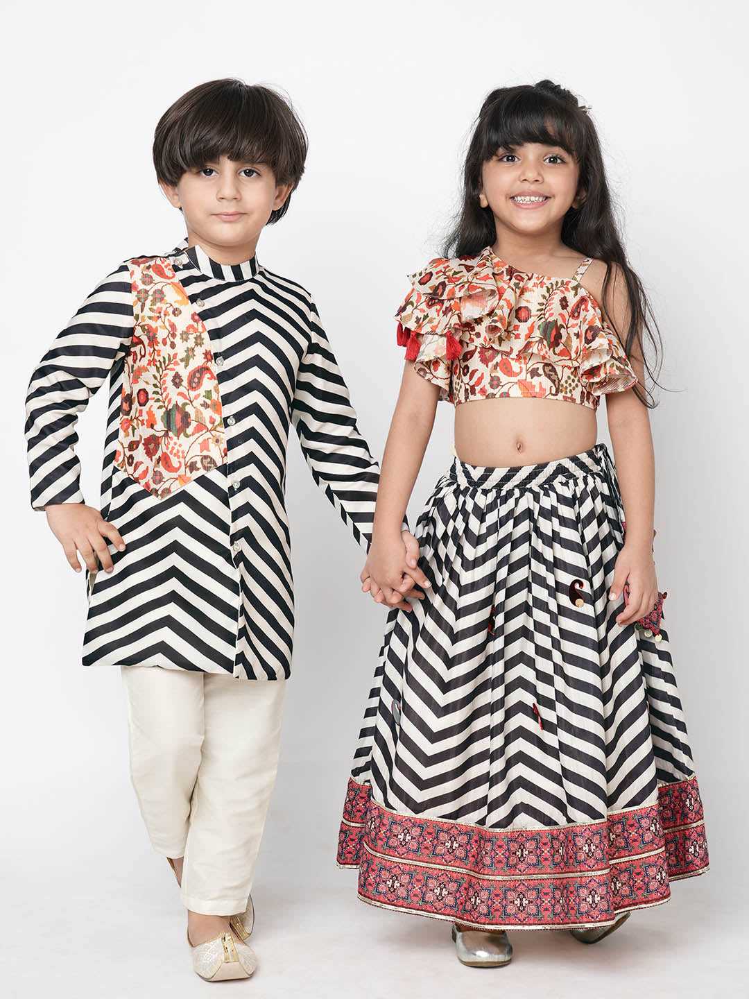 Chromatic Fusion  Girls Black & White stripe Hand embroidery Lehanga Choli