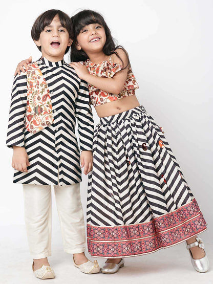 Chromatic Fusion Boys  Black & White stripe Kurta Pant set