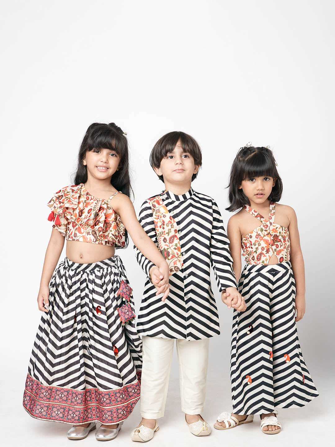 Chromatic Fusion  Girls Black & White stripe Hand embroidery Lehanga Choli