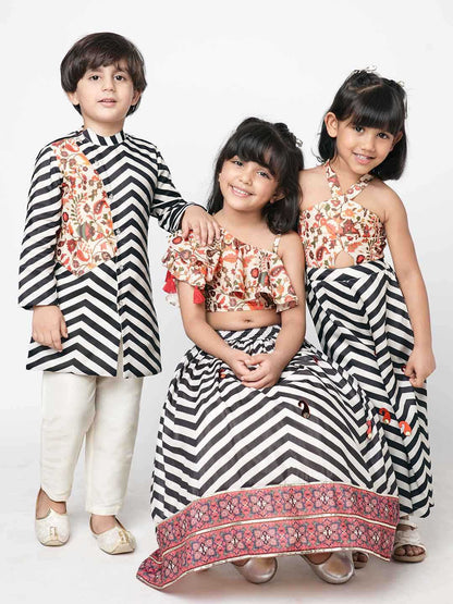 Chromatic Fusion  Girls Black & White stripe Hand embroidery Lehanga Choli