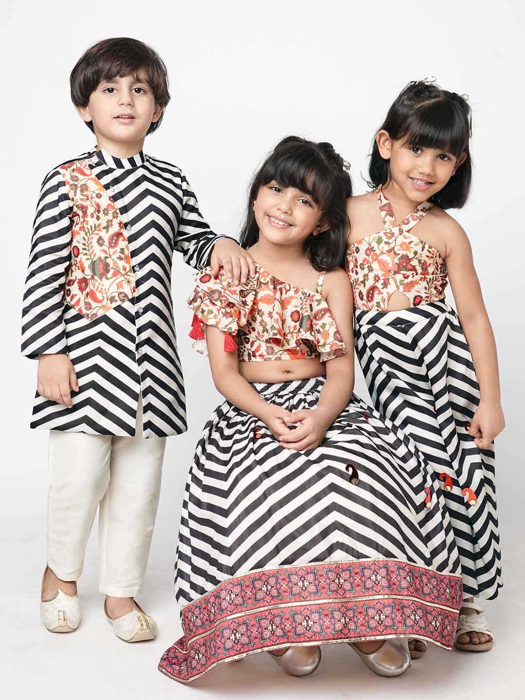 Chromatic Fusion Boys  Black & White stripe Kurta Pant set