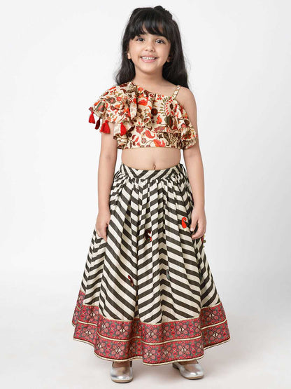 Chromatic Fusion  Girls Black & White stripe Hand embroidery Lehanga Choli