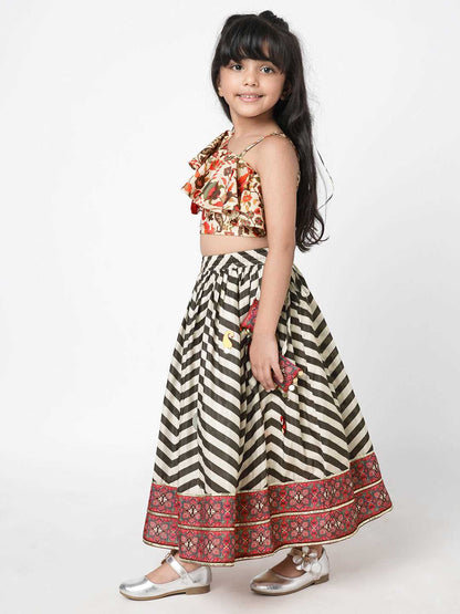 Chromatic Fusion  Girls Black & White stripe Hand embroidery Lehanga Choli