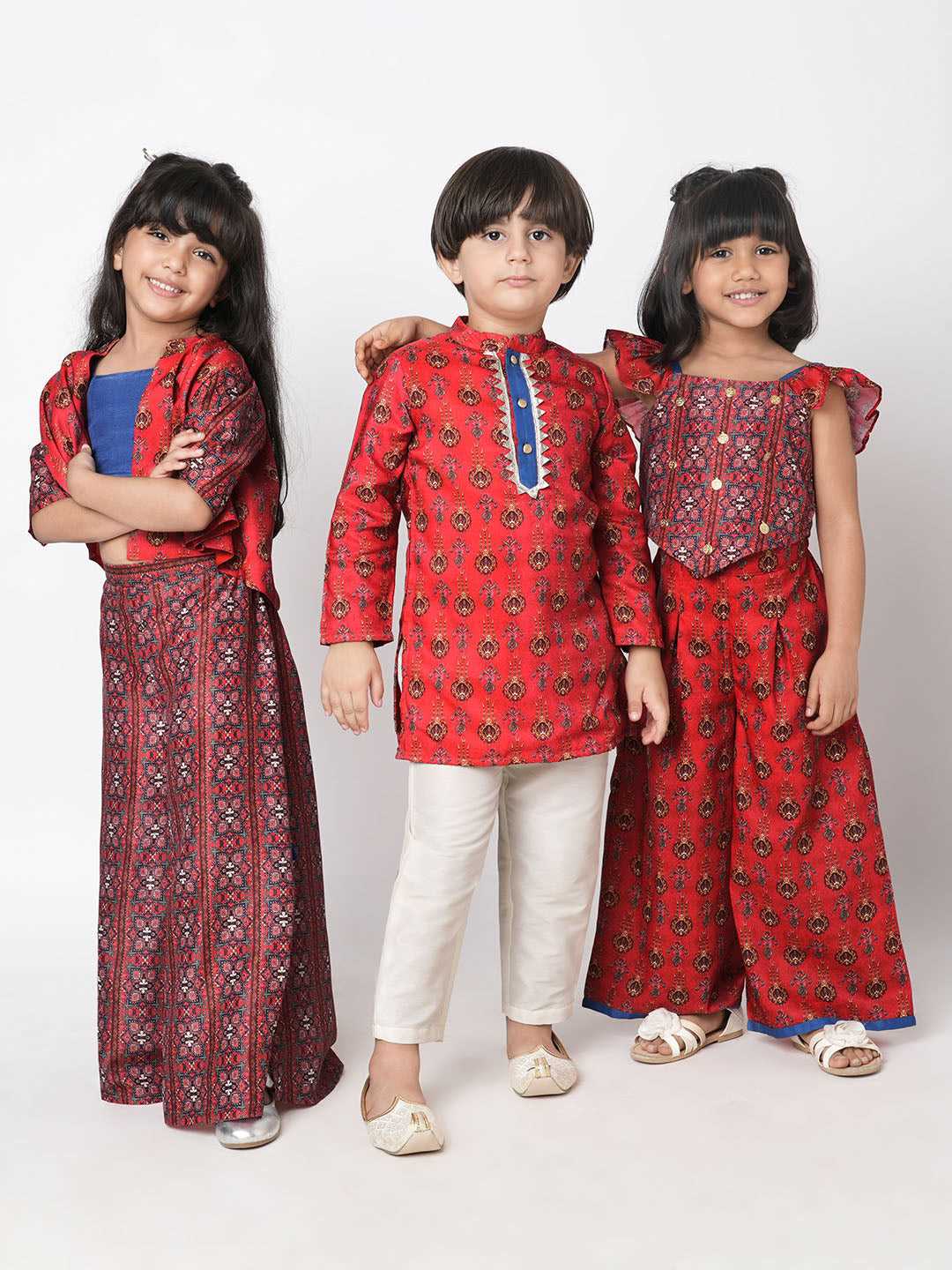 Ethnic Twist Girls Red  Print Flared Palazzo with Top and Jacket Girls Co-ordinate set