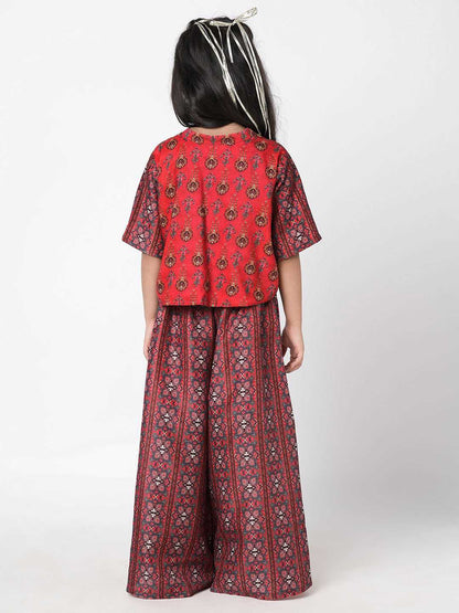 Ethnic Twist Girls Red  Print Flared Palazzo with Top and Jacket Girls Co-ordinate set