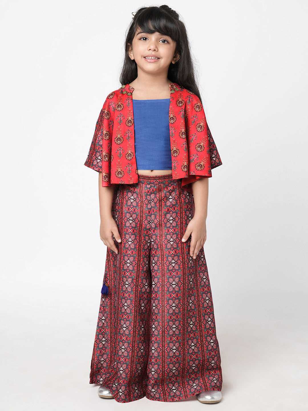 Ethnic Twist Girls Red  Print Flared Palazzo with Top and Jacket Girls Co-ordinate set