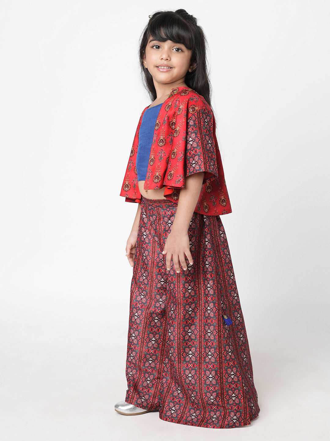 Ethnic Twist Girls Red  Print Flared Palazzo with Top and Jacket Girls Co-ordinate set