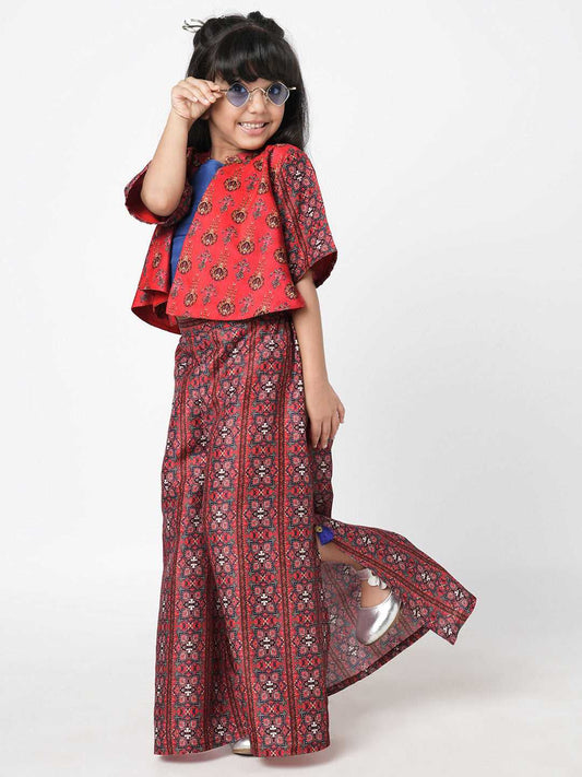 Ethnic Twist Girls Red  Print Flared Palazzo with Top and Jacket Girls Co-ordinate set