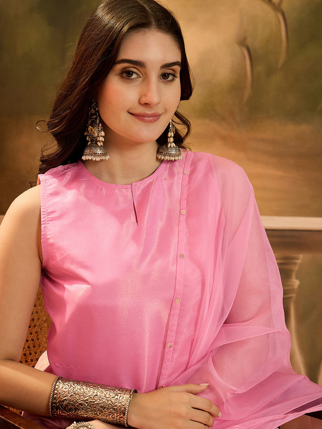 Boat Neck Sleeveless Organza Straight Kurta With Sharara & Dupatta