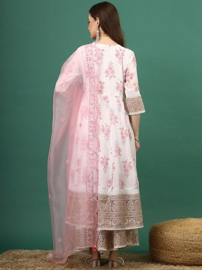 White & Pink Floral Printed Notch Neck Anarkali Kurta With Sharara & Dupatta