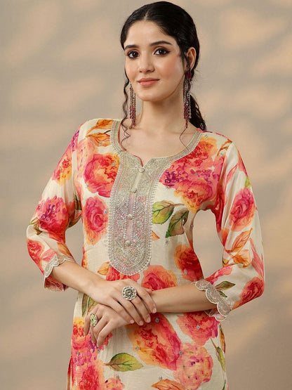 Dhiyona LL Women Floral Printed Above Knee Regular Straight Kurta with Palazzos & Dupatta