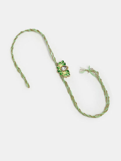 Dhiyona Unisex Set Of 2 Green Lotus Shape Kundan-Studded & Beaded Wraparound Rakhi Set